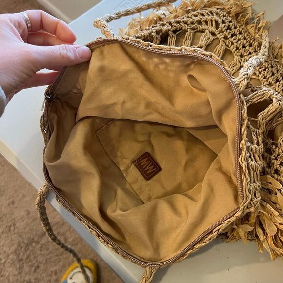 MW Tan Natural Fiber Straw Fringe Raffa Crochet Square Tote Shoulder Bag - Picture 4 of 13